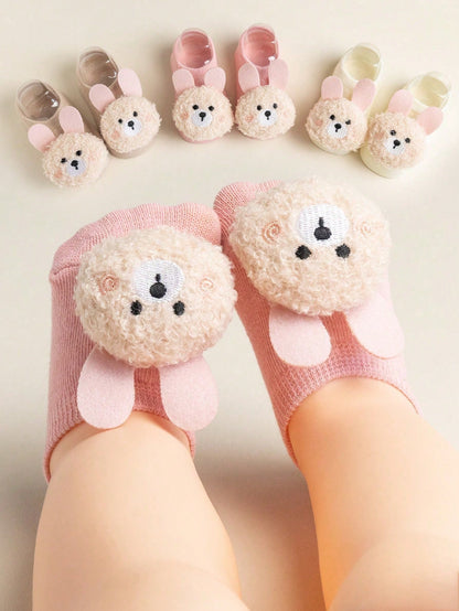 5/2/1 Pair Cute 3D Rabbit Bear Decorative Baby Socks, Soft Non-Slip Newborn Toddler Floor Short Socks, Fun Daily Wear Socks