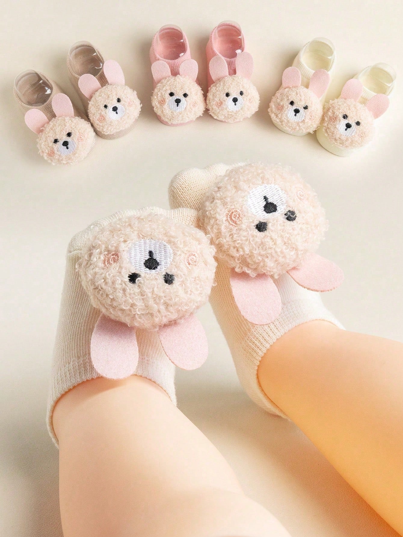 5/2/1 Pair Cute 3D Rabbit Bear Decorative Baby Socks, Soft Non-Slip Newborn Toddler Floor Short Socks, Fun Daily Wear Socks