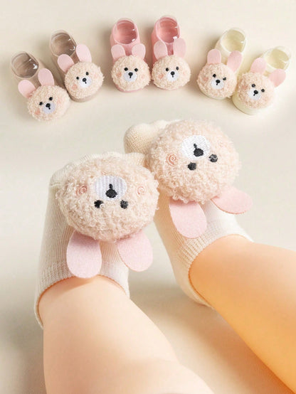 5/2/1 Pair Cute 3D Rabbit Bear Decorative Baby Socks, Soft Non-Slip Newborn Toddler Floor Short Socks, Fun Daily Wear Socks