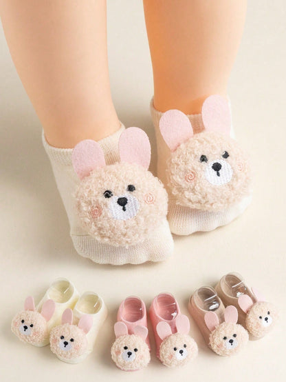 5/2/1 Pair Cute 3D Rabbit Bear Decorative Baby Socks, Soft Non-Slip Newborn Toddler Floor Short Socks, Fun Daily Wear Socks