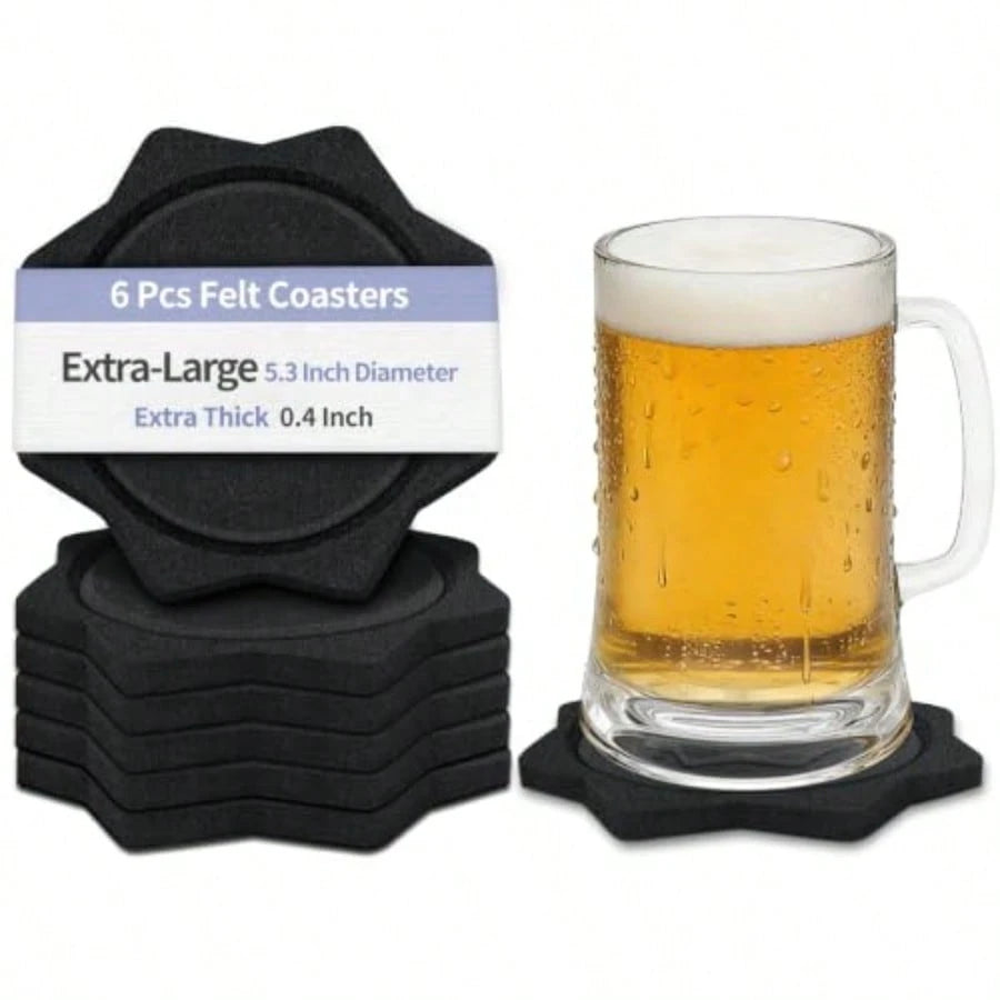5.3 Inch Large Felt Coasters For Drinks, 6 Pcs 0.4" Thick Black Absorbent Cup Mats, Soft Silent Table Insulation Mug Placemats, Non-Stick Housewarming Gift Pads Coffee Trivets For Desk Bar