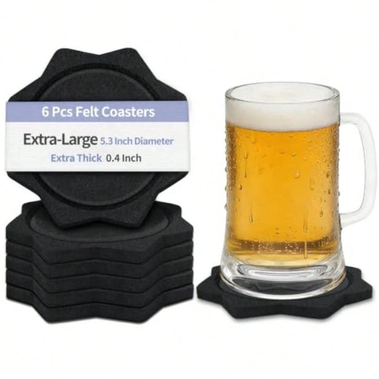 5.3 Inch Large Felt Coasters For Drinks, 6 Pcs 0.4" Thick Black Absorbent Cup Mats, Soft Silent Table Insulation Mug Placemats, Non-Stick Housewarming Gift Pads Coffee Trivets For Desk Bar