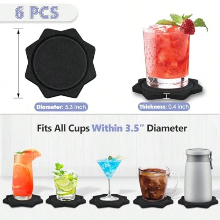 5.3 Inch Large Felt Coasters For Drinks, 6 Pcs 0.4" Thick Black Absorbent Cup Mats, Soft Silent Table Insulation Mug Placemats, Non-Stick Housewarming Gift Pads Coffee Trivets For Desk Bar