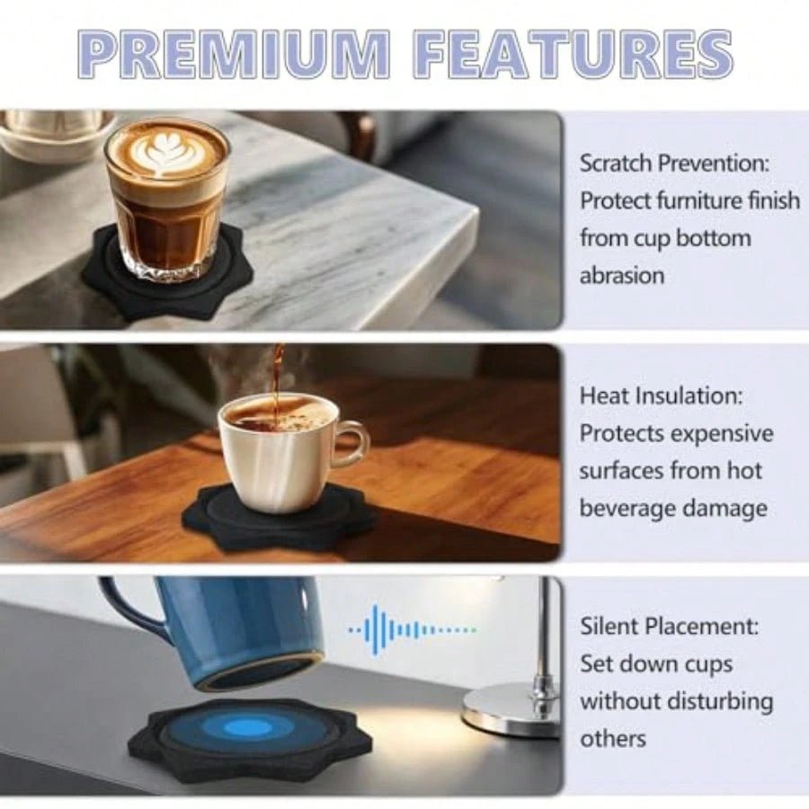 5.3 Inch Large Felt Coasters For Drinks, 6 Pcs 0.4" Thick Black Absorbent Cup Mats, Soft Silent Table Insulation Mug Placemats, Non-Stick Housewarming Gift Pads Coffee Trivets For Desk Bar