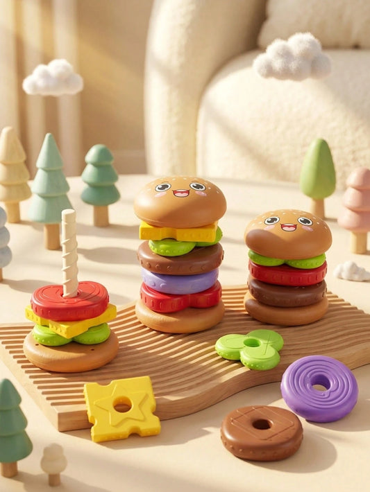 5/7 Layer Educational Stacking Burger Shape Toy, Creative Cartoon Sensory Spin Stacking Rings Toy, Multi-Color & Rotation Puzzle- Featuring Vibrant Colors To Aid In Recognition, Enhance Hand-Eye Coor