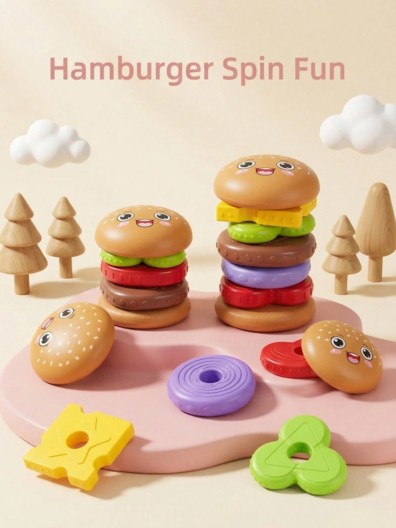 5/7 Layer Educational Stacking Burger Shape Toy, Creative Cartoon Sensory Spin Stacking Rings Toy, Multi-Color & Rotation Puzzle- Featuring Vibrant Colors To Aid In Recognition, Enhance Hand-Eye Coor