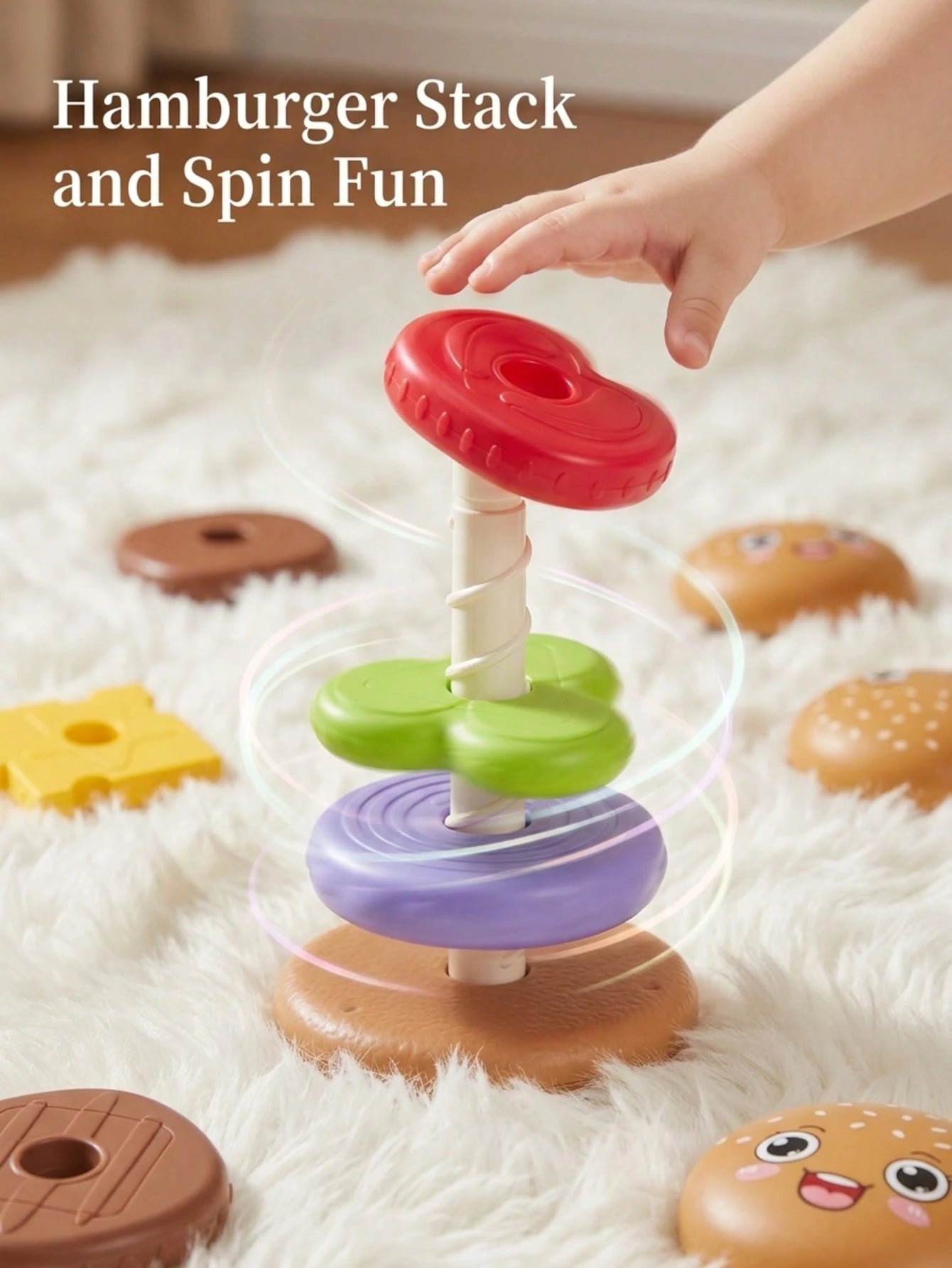 5/7 Layer Educational Stacking Burger Shape Toy, Creative Cartoon Sensory Spin Stacking Rings Toy, Multi-Color & Rotation Puzzle- Featuring Vibrant Colors To Aid In Recognition, Enhance Hand-Eye Coor