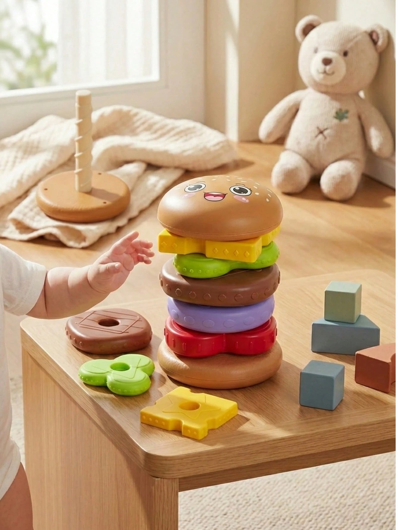 5/7 Layer Educational Stacking Burger Shape Toy, Creative Cartoon Sensory Spin Stacking Rings Toy, Multi-Color & Rotation Puzzle- Featuring Vibrant Colors To Aid In Recognition, Enhance Hand-Eye Coor
