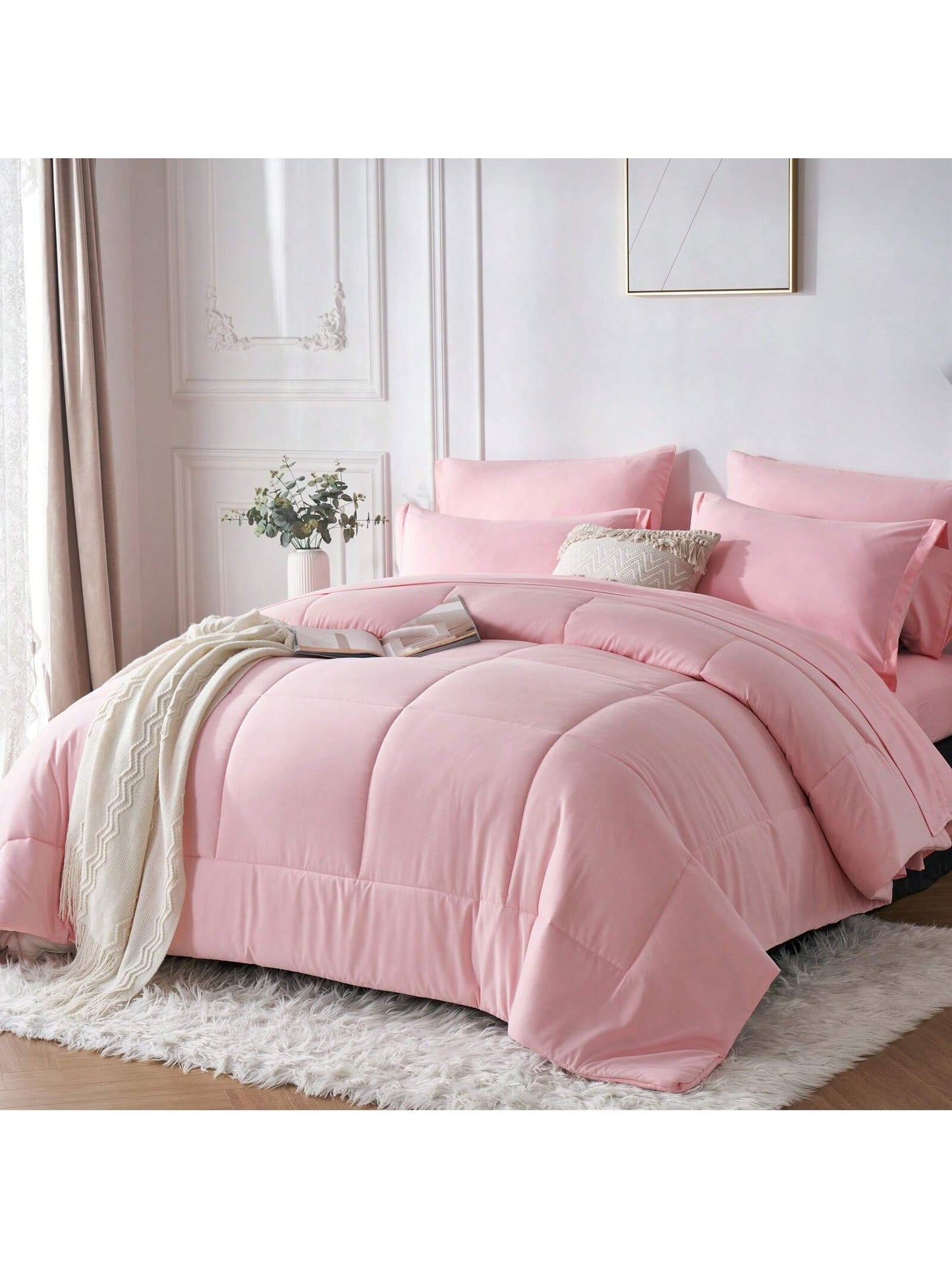 5/7-Piece Solid Colour Checkered Bed Comforter Sets Queen- Soft Microfiber, Lightweight, All-Season, Twin/Full/Queen/King Size Bed In A Bag, Quilt Set With Breathable Fabric And Easy Care,Summer Bedd