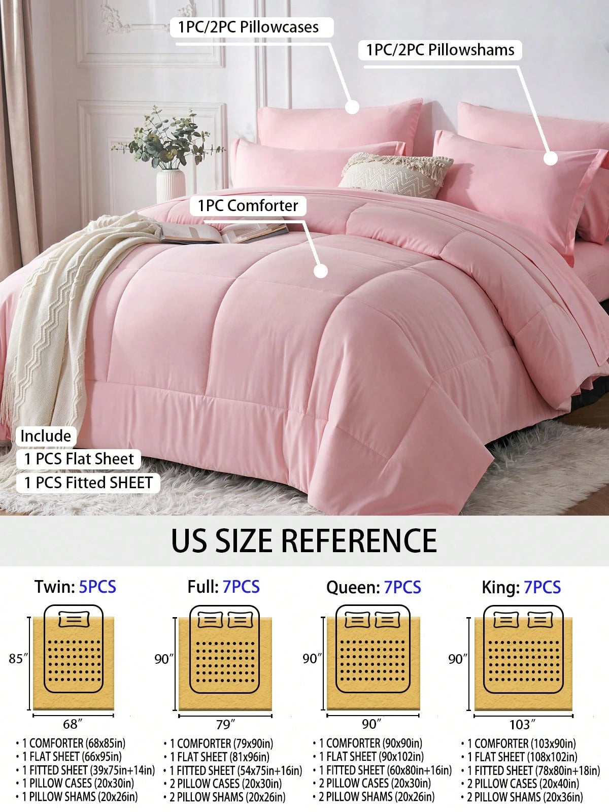 5/7-Piece Solid Colour Checkered Bed Comforter Sets Queen- Soft Microfiber, Lightweight, All-Season, Twin/Full/Queen/King Size Bed In A Bag, Quilt Set With Breathable Fabric And Easy Care,Summer Bedd