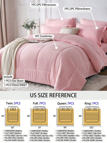 5/7-Piece Solid Colour Checkered Bed Comforter Sets Queen- Soft Microfiber, Lightweight, All-Season, Twin/Full/Queen/King Size Bed In A Bag, Quilt Set With Breathable Fabric And Easy Care,Summer Bedd