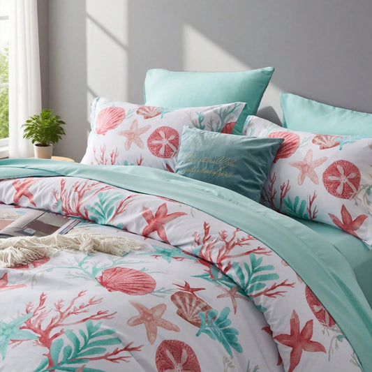 5/7pcs Starfish Shell Printed Bed Comforter Set, 100% Microfiber Soft Breathable Bedding Set, Comfortable And Durable, Include 1 Comforter+1 Flat Sheet+1 Fitted Sheet+1/2 Pillowcases+1/2 Pillowshams,A