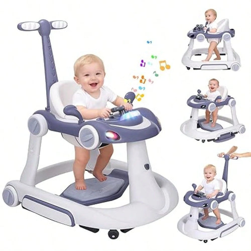 5 In 1 Baby Walker With Rocking, Push & Trolley Modes, Foldable, Steering Wheel, Music, 3 Height Adjustable, Anti-Slip Pads, 6-18 Months,Dark Blue