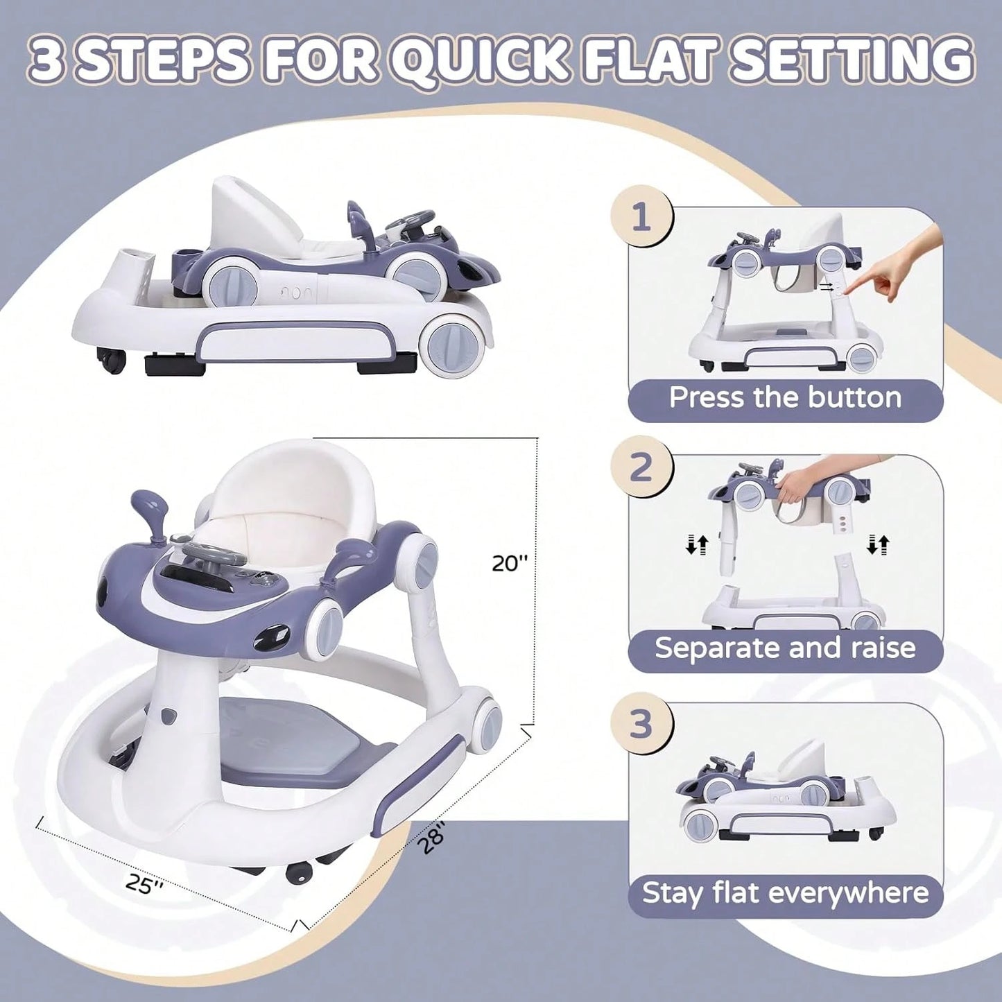 5 In 1 Baby Walker With Rocking, Push & Trolley Modes, Foldable, Steering Wheel, Music, 3 Height Adjustable, Anti-Slip Pads, 6-18 Months,Dark Blue