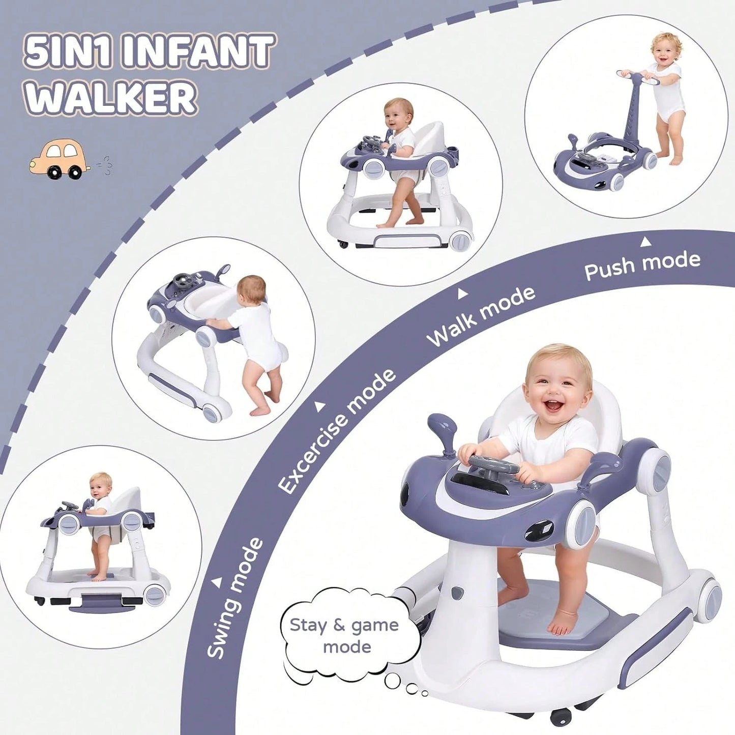 5 In 1 Baby Walker With Rocking, Push & Trolley Modes, Foldable, Steering Wheel, Music, 3 Height Adjustable, Anti-Slip Pads, 6-18 Months,Dark Blue