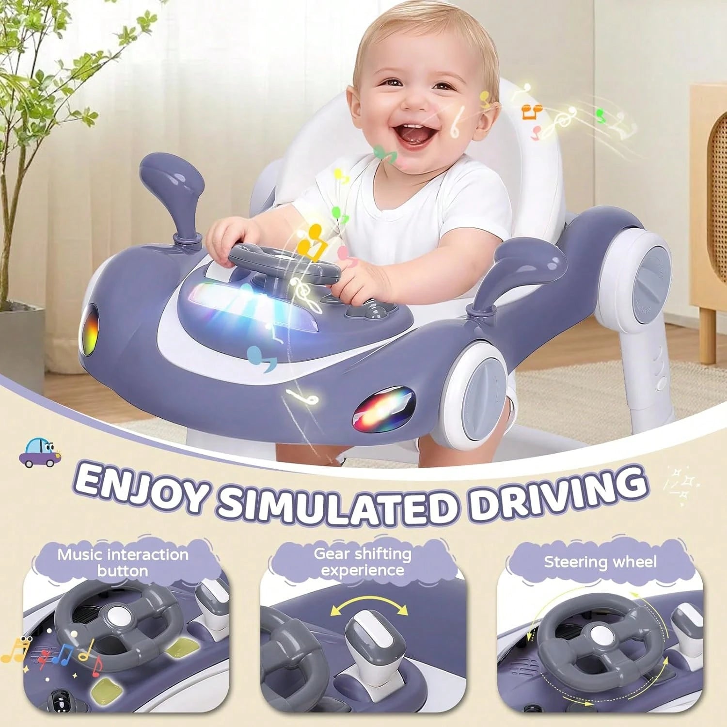 5 In 1 Baby Walker With Rocking, Push & Trolley Modes, Foldable, Steering Wheel, Music, 3 Height Adjustable, Anti-Slip Pads, 6-18 Months,Dark Blue