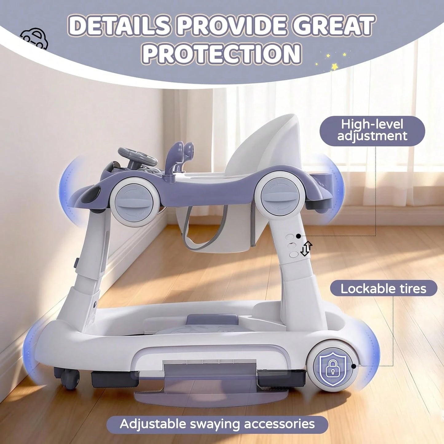 5 In 1 Baby Walker With Rocking, Push & Trolley Modes, Foldable, Steering Wheel, Music, 3 Height Adjustable, Anti-Slip Pads, 6-18 Months,Dark Blue