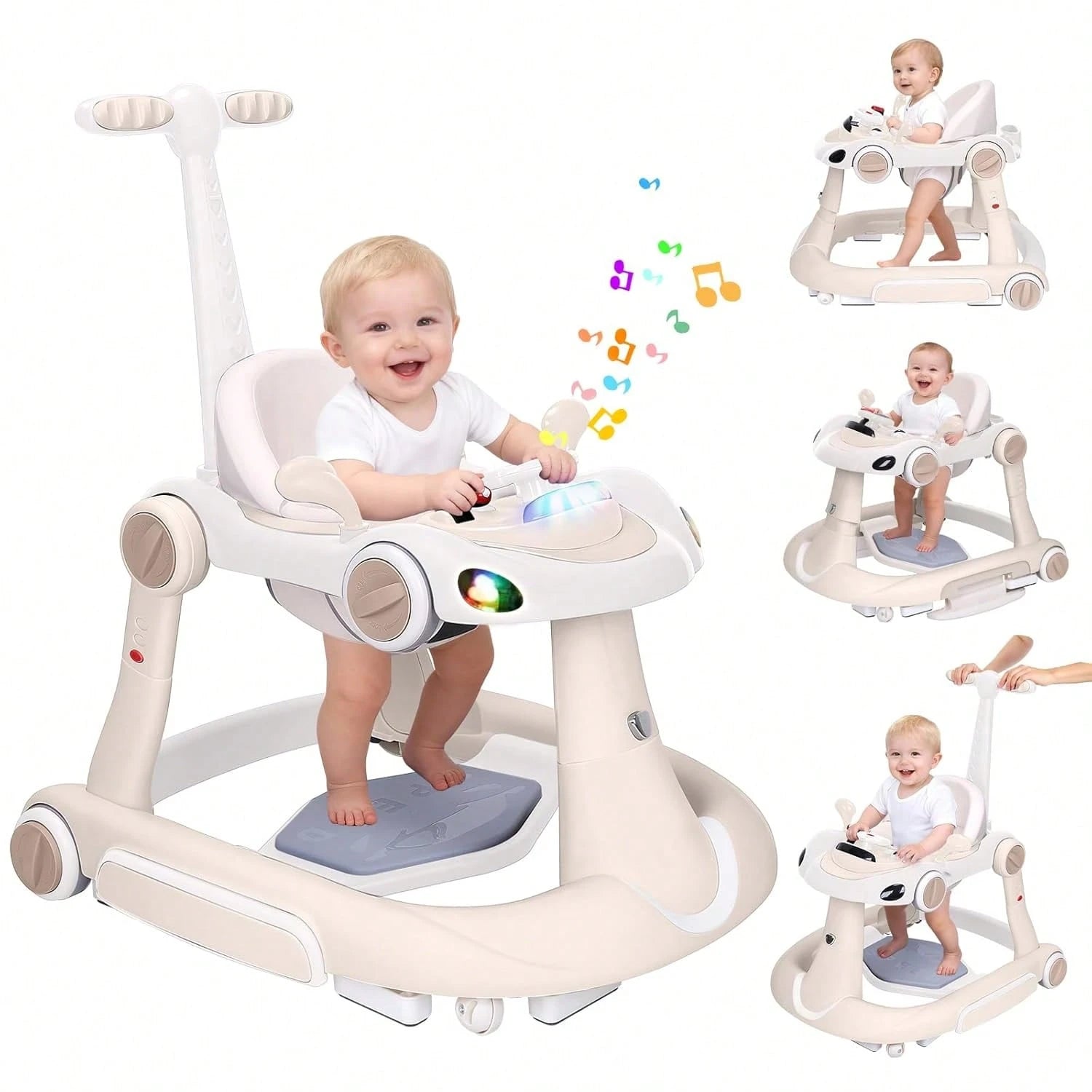 5 In 1 Baby Walker With Rocking, Push & Trolley Modes, Foldable, Steering Wheel, Music, 3 Height Adjustable, Anti-Slip Pads, 6-18 Months,Dark Blue
