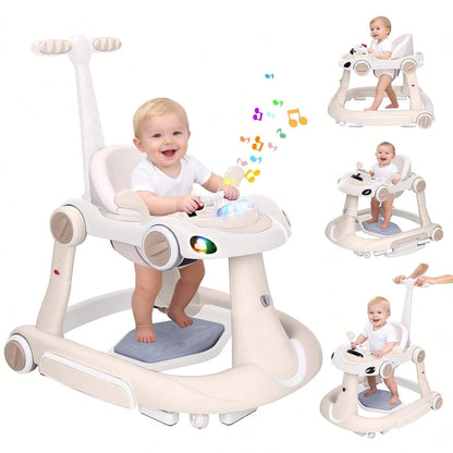 5 In 1 Baby Walker With Rocking, Push & Trolley Modes, Foldable, Steering Wheel, Music, 3 Height Adjustable, Anti-Slip Pads, 6-18 Months,Dark Blue