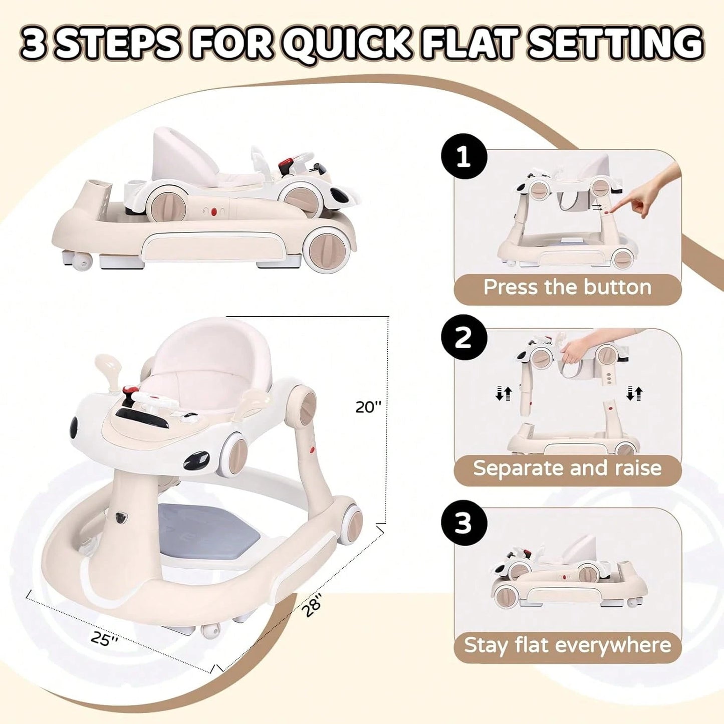 5 In 1 Baby Walker With Rocking, Push & Trolley Modes, Foldable, Steering Wheel, Music, 3 Height Adjustable, Anti-Slip Pads, 6-18 Months,Dark Blue