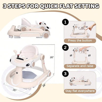 5 In 1 Baby Walker With Rocking, Push & Trolley Modes, Foldable, Steering Wheel, Music, 3 Height Adjustable, Anti-Slip Pads, 6-18 Months,Dark Blue
