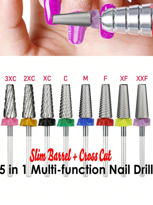 5 In 1 Nail Drill Bits,3/32" Shank Tungsten Carbide Tapered Drill Bits For Nails Fast Removing Acrylic Nail Hard Gels Cuticle Professional Nail Efile Bit For Nail Drill Machine