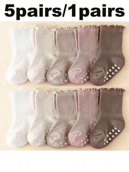 5 Pairs/1 Pair Baby Socks With Non-Slip Silicone Grips, Loose Cuff, Ruffle Princess Socks, Multiple Colors Available, For Baby Girls 0-5 Years Old