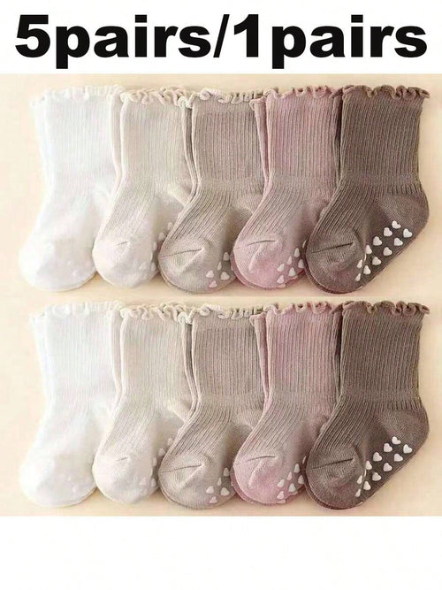 5 Pairs/1 Pair Baby Socks With Non-Slip Silicone Grips, Loose Cuff, Ruffle Princess Socks, Multiple Colors Available, For Baby Girls 0-5 Years Old