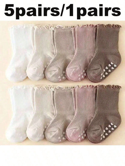 5 Pairs/1 Pair Baby Socks With Non-Slip Silicone Grips, Loose Cuff, Ruffle Princess Socks, Multiple Colors Available, For Baby Girls 0-5 Years Old