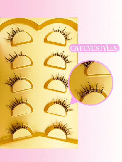 5 Pairs Half-Eye False Eyelashes, Strip Eyelashes, 5-10mm Length, D Curl, Lengthening False Eyelashes, Natural Thin False Eyelashes, Reusable False Eyelashes, Easy To Apply, Suitable For Dating, Party