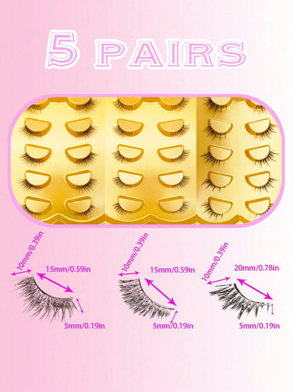 5 Pairs Half-Eye False Eyelashes, Strip Eyelashes, 5-10mm Length, D Curl, Lengthening False Eyelashes, Natural Thin False Eyelashes, Reusable False Eyelashes, Easy To Apply, Suitable For Dating, Party