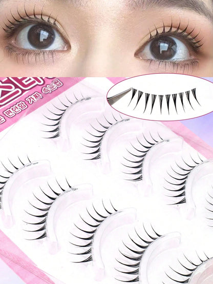 5 Pairs Pointed Tail Cartoon Eye Invisible Stem Eyelashes, Wet Tip Girl Group Style, Natural Curl, Defined Strands, Fresh Sweet Korean-Japanese Big Eye Look, Soft Lightweight Faux Mink