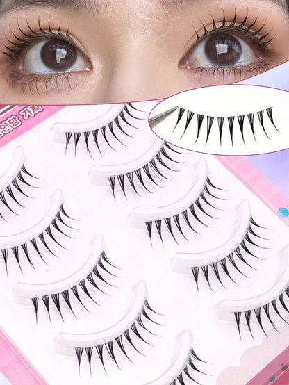 5 Pairs Pointed Tail Cartoon Eye Invisible Stem Eyelashes, Wet Tip Girl Group Style, Natural Curl, Defined Strands, Fresh Sweet Korean-Japanese Big Eye Look, Soft Lightweight Faux Mink