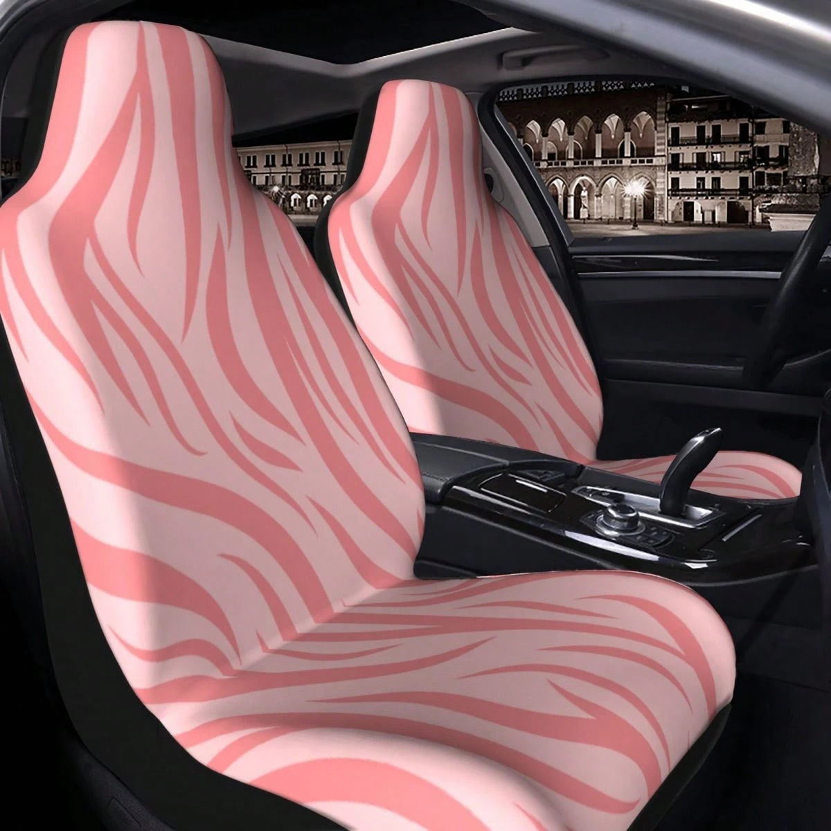5-Piece/2-Piece Light Pink Zebra Print Minimalist High-Elastic Fabric Car Seat Covers, Full Car Seat Protection, Luxury Sweet Cool Personalized Car Accessories, Anti-Dust And Stain-Resistant Fabric, S
