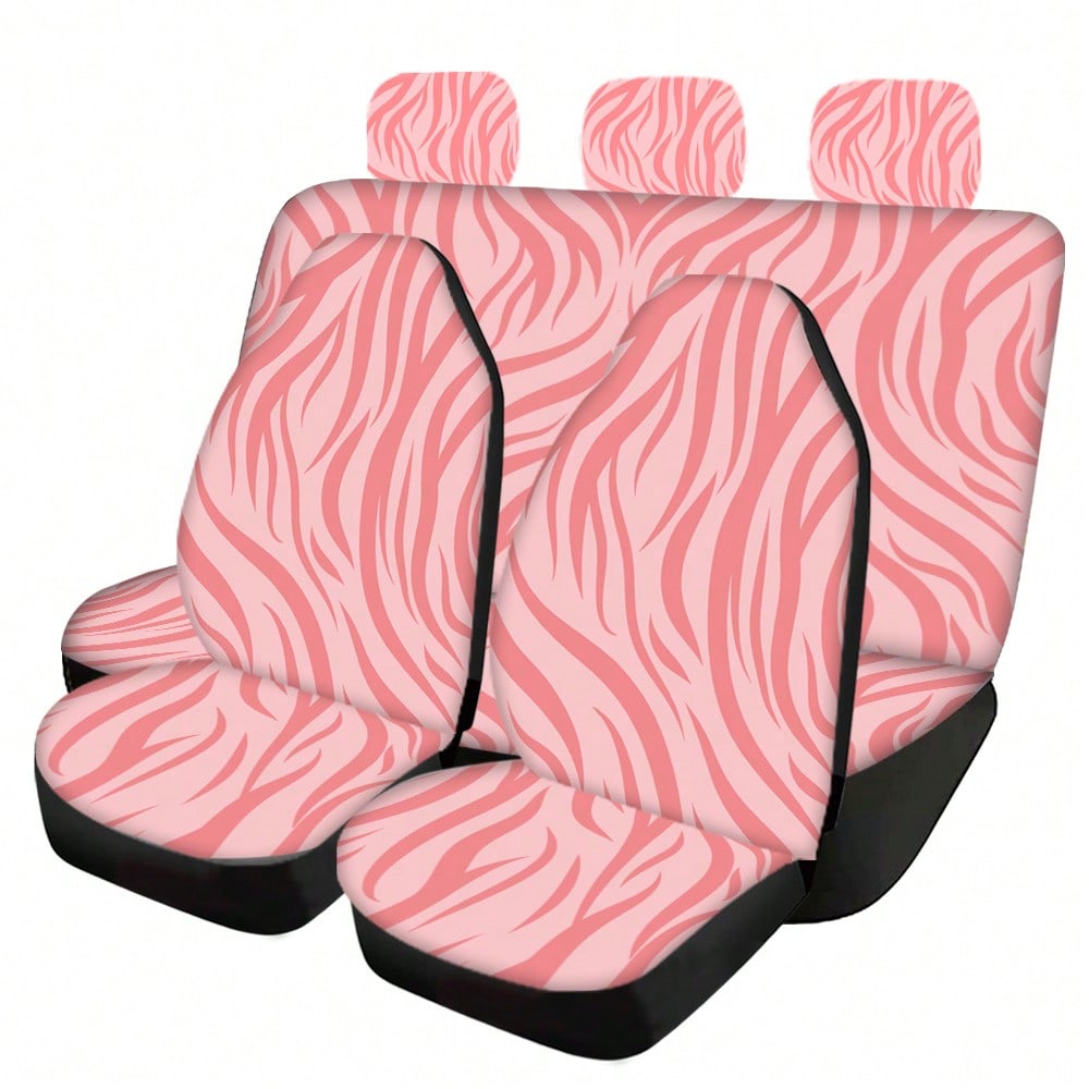 5-Piece/2-Piece Light Pink Zebra Print Minimalist High-Elastic Fabric Car Seat Covers, Full Car Seat Protection, Luxury Sweet Cool Personalized Car Accessories, Anti-Dust And Stain-Resistant Fabric, S