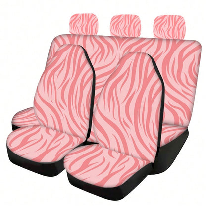 5-Piece/2-Piece Light Pink Zebra Print Minimalist High-Elastic Fabric Car Seat Covers, Full Car Seat Protection, Luxury Sweet Cool Personalized Car Accessories, Anti-Dust And Stain-Resistant Fabric, S