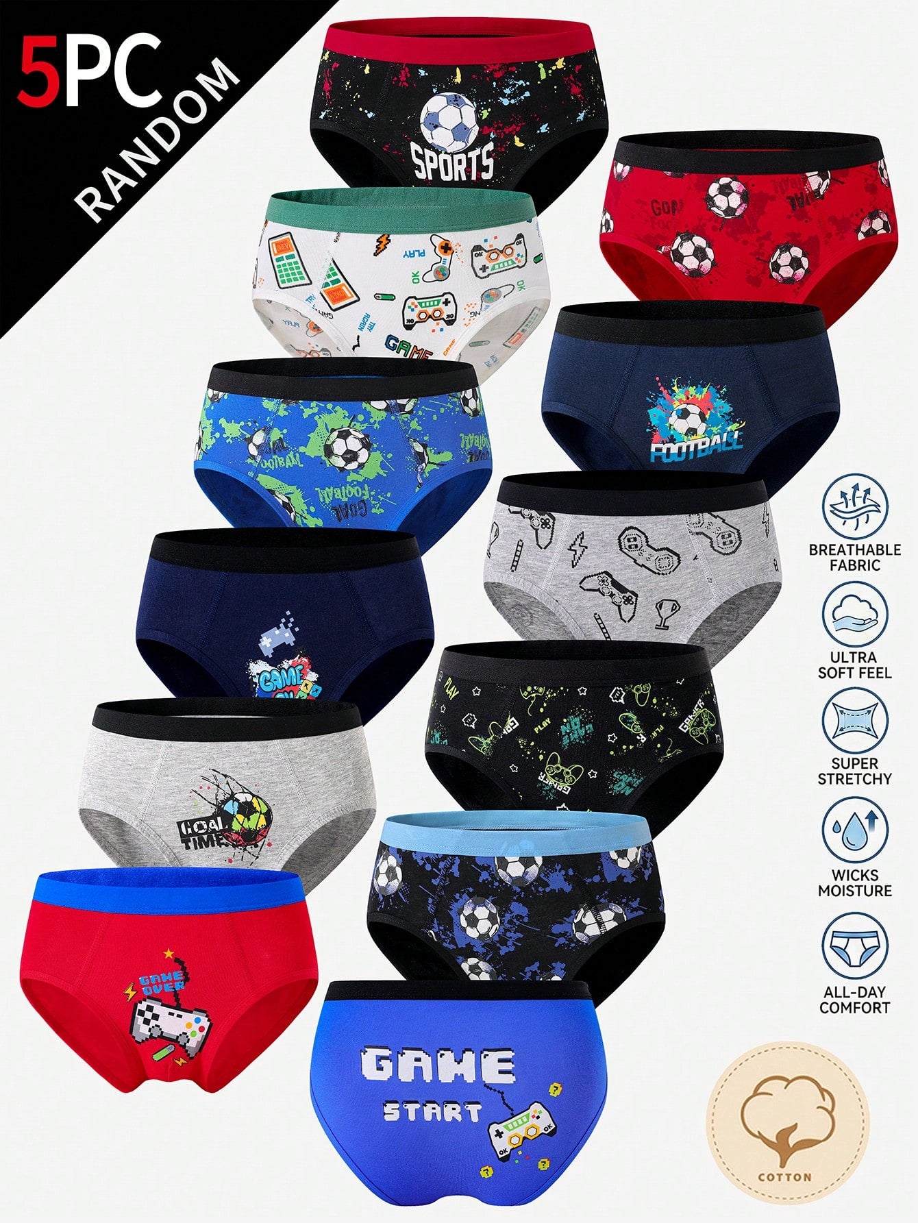 [5 Random Piece] Boys Multi-Colored Soft Triangle Briefs, Simple Stylish Game Console & Football Prints, Comfy Everyday Underwear Suitable For Boys