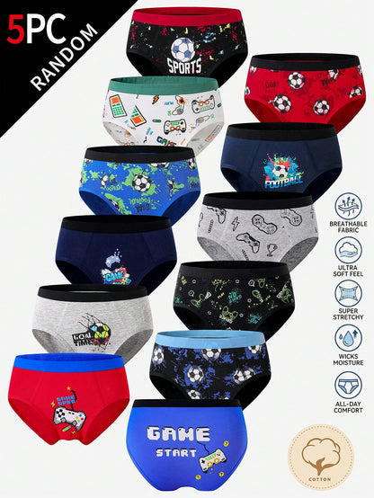 [5 Random Piece] Boys Multi-Colored Soft Triangle Briefs, Simple Stylish Game Console & Football Prints, Comfy Everyday Underwear Suitable For Boys