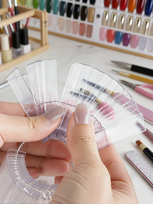 50/100/150/200pcs Transparent Rectangular Fan-Shaped Nail Art Sticks, Acrylic Nail Polish Color Card Display Board With Metal Ring, Nail Art Sample Practice Tool, Suitable For Salon And Home DIY