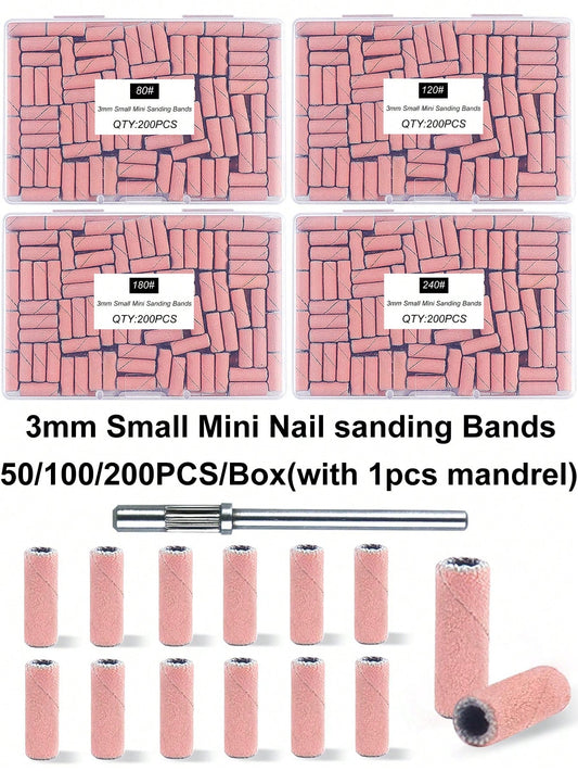 50/100/200Pcs/Box With 1PC Mini Mandrel Nail Art 3mm Mini Grinding Sand Ring Bands(80# 120# 180# 240#)Electric Grinding Machine Nail Grinding Head Manicure Accessories Tools Dead Skin Remover