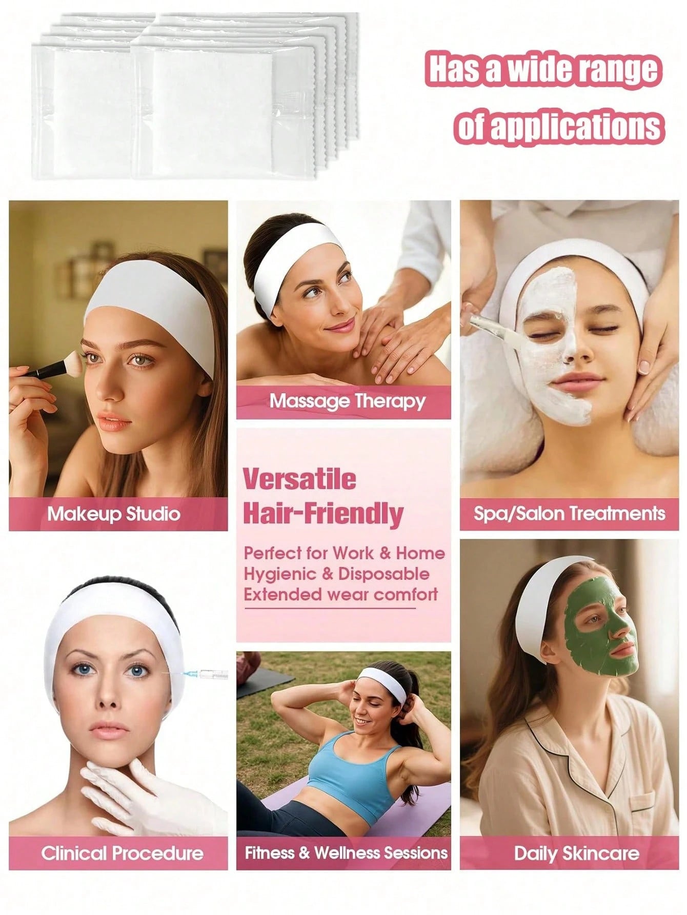 50/25/1pc Disposable Non-Woven Headband, Individually Packaged Adjustable Headscarf, Soft Material Not Easy To Fall Off, High Elasticity Hook And Loop Headband, Suitable For SPA, Daily Care, Facial Cl