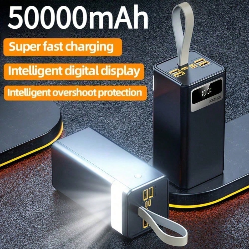 50000mAh Large Capacity Mobile Power Bank, 22.5W Super Fast Charging, Smart Digital Display, Leather Lanyard, Outdoor Camping LED Light, Travel Backup Power Supply, Multiple Output And Input Ports.(5*