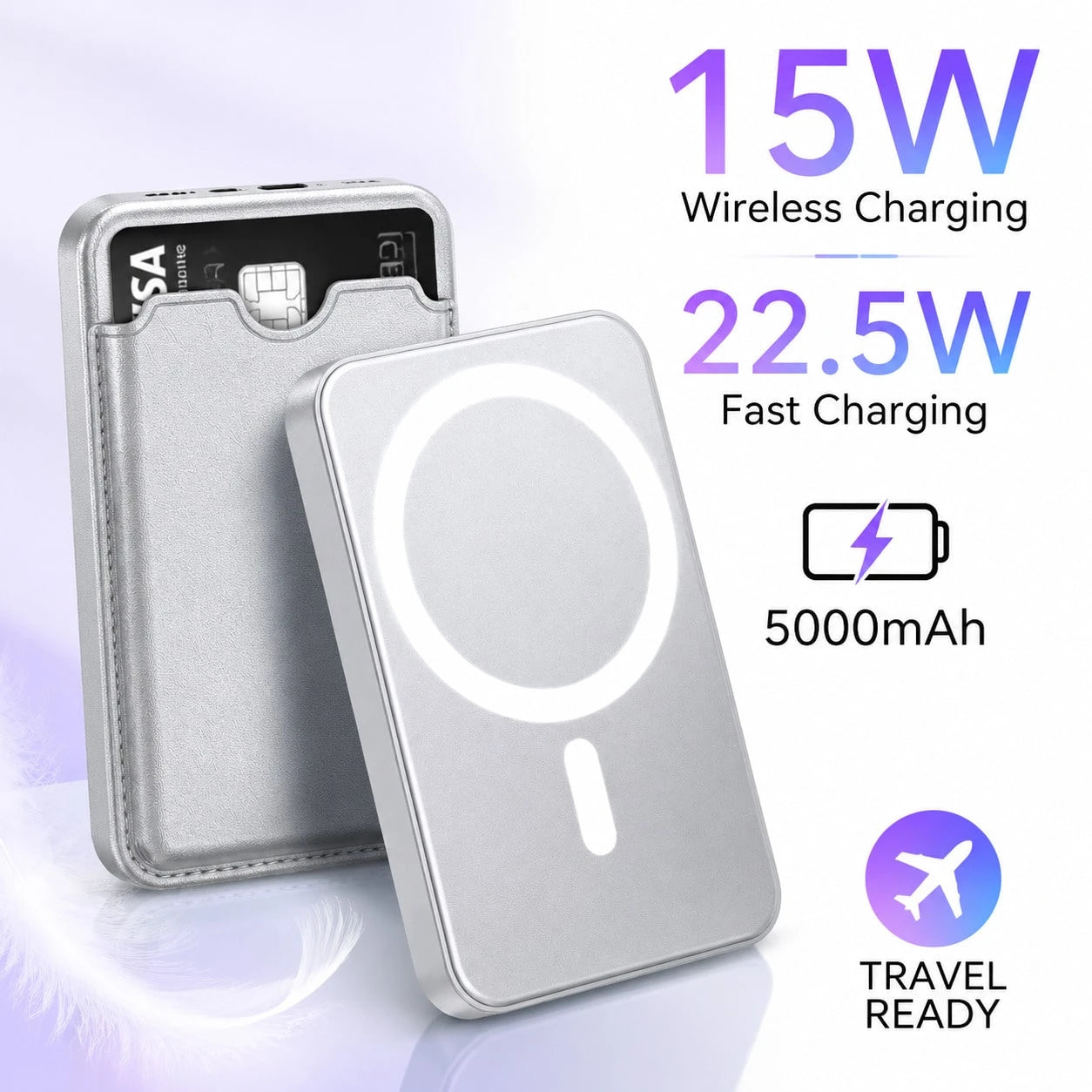 5000mAh Magnetic Portable Charger With Credit Card Wallet, 15W Wireless & 22.5W Wired Fast Charging Battery Pack, Leather Wallet Design Ultra Slim Power Bank With Secure Card Fit, Compatible With IPho