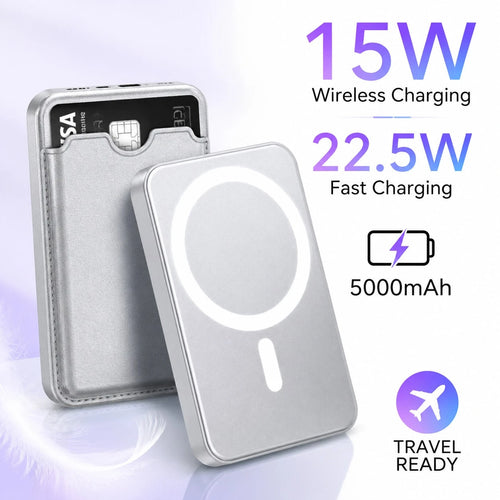 5000mAh Magnetic Portable Charger With Credit Card Wallet, 15W Wireless & 22.5W Wired Fast Charging Battery Pack, Leather Wallet Design Ultra Slim Power Bank With Secure Card Fit, Compatible With IPho