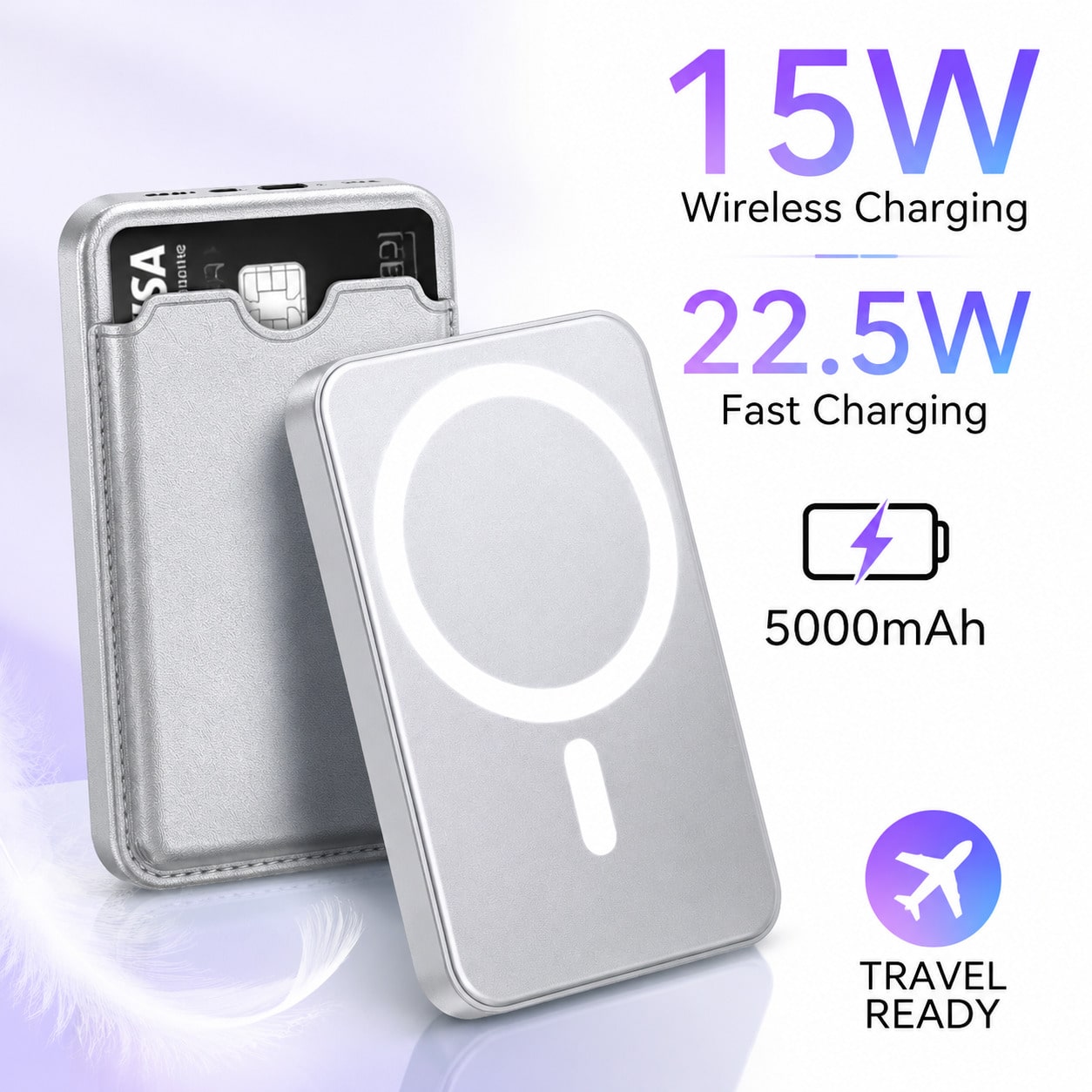 5000mAh Magnetic Portable Charger With Credit Card Wallet, 15W Wireless & 22.5W Wired Fast Charging Battery Pack, Leather Wallet Design Ultra Slim Power Bank With Secure Card Fit, Compatible With IPho