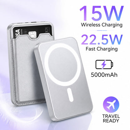 5000mAh Magnetic Portable Charger With Credit Card Wallet, 15W Wireless & 22.5W Wired Fast Charging Battery Pack, Leather Wallet Design Ultra Slim Power Bank With Secure Card Fit, Compatible With IPho