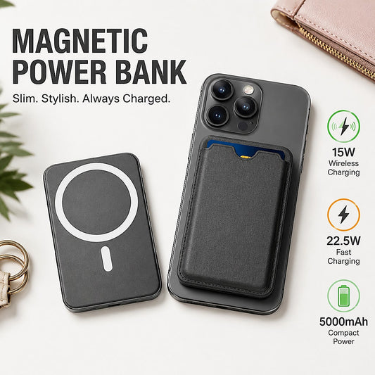 5000mAh Magnetic Portable Charger, Ultra Thin Wireless Power Bank With Card Holder, 15W Rapid Magnetic Charging & 22.5W Wired Fast Charging, Battery Pack Compatible With IPhone 15 14 13 12 Pro Max Pl