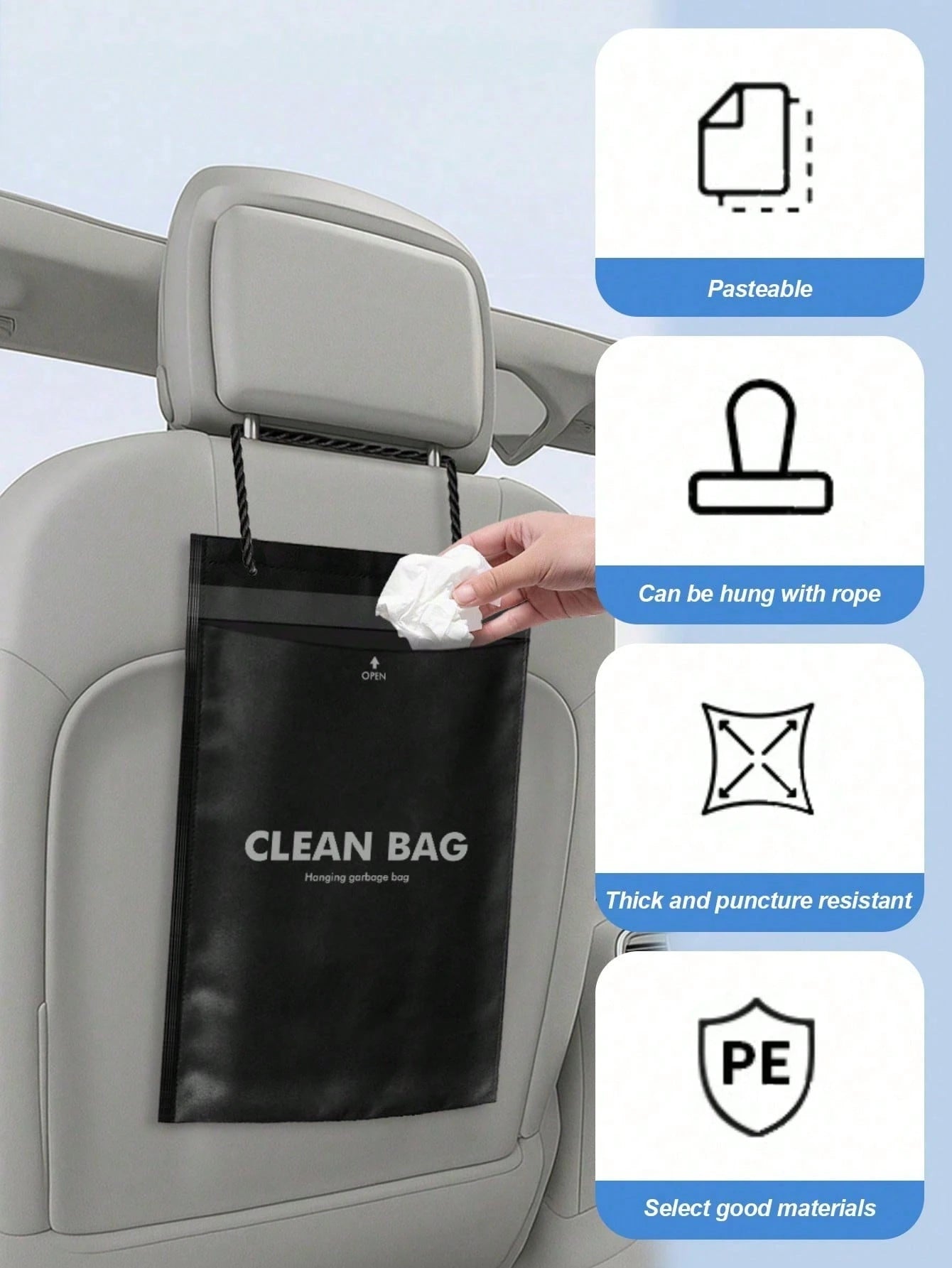 50pcs Thickened PE Trailer Trash Bags, With Long Rope For Hanging In Car, Home Or Office, Waterproof Tear-Resistant Large Capacity Storage Bags, Suitable For Waste And Daily Supplies, Black Cleaning B