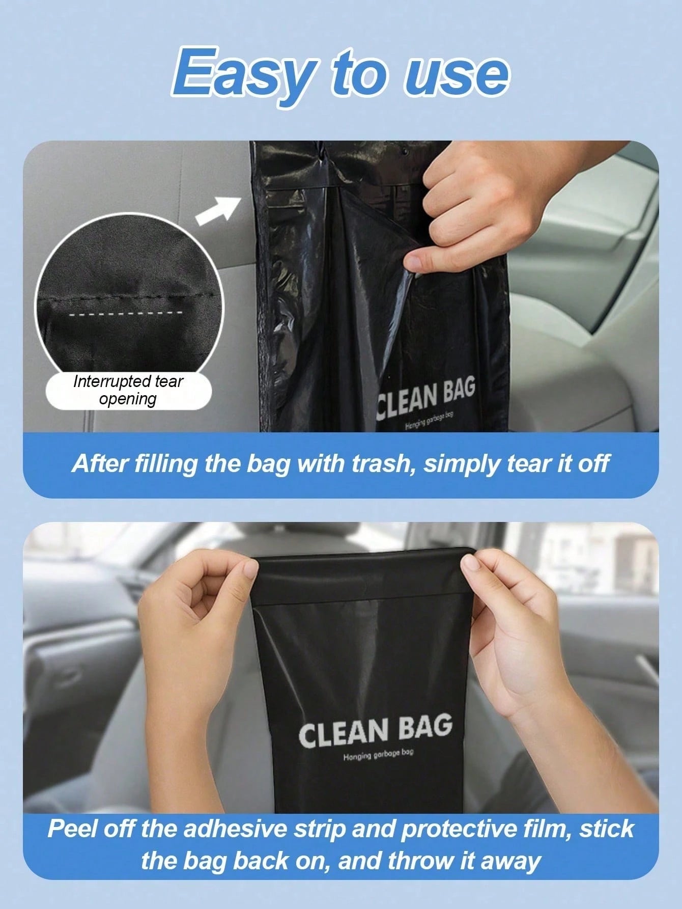 50pcs Thickened PE Trailer Trash Bags, With Long Rope For Hanging In Car, Home Or Office, Waterproof Tear-Resistant Large Capacity Storage Bags, Suitable For Waste And Daily Supplies, Black Cleaning B