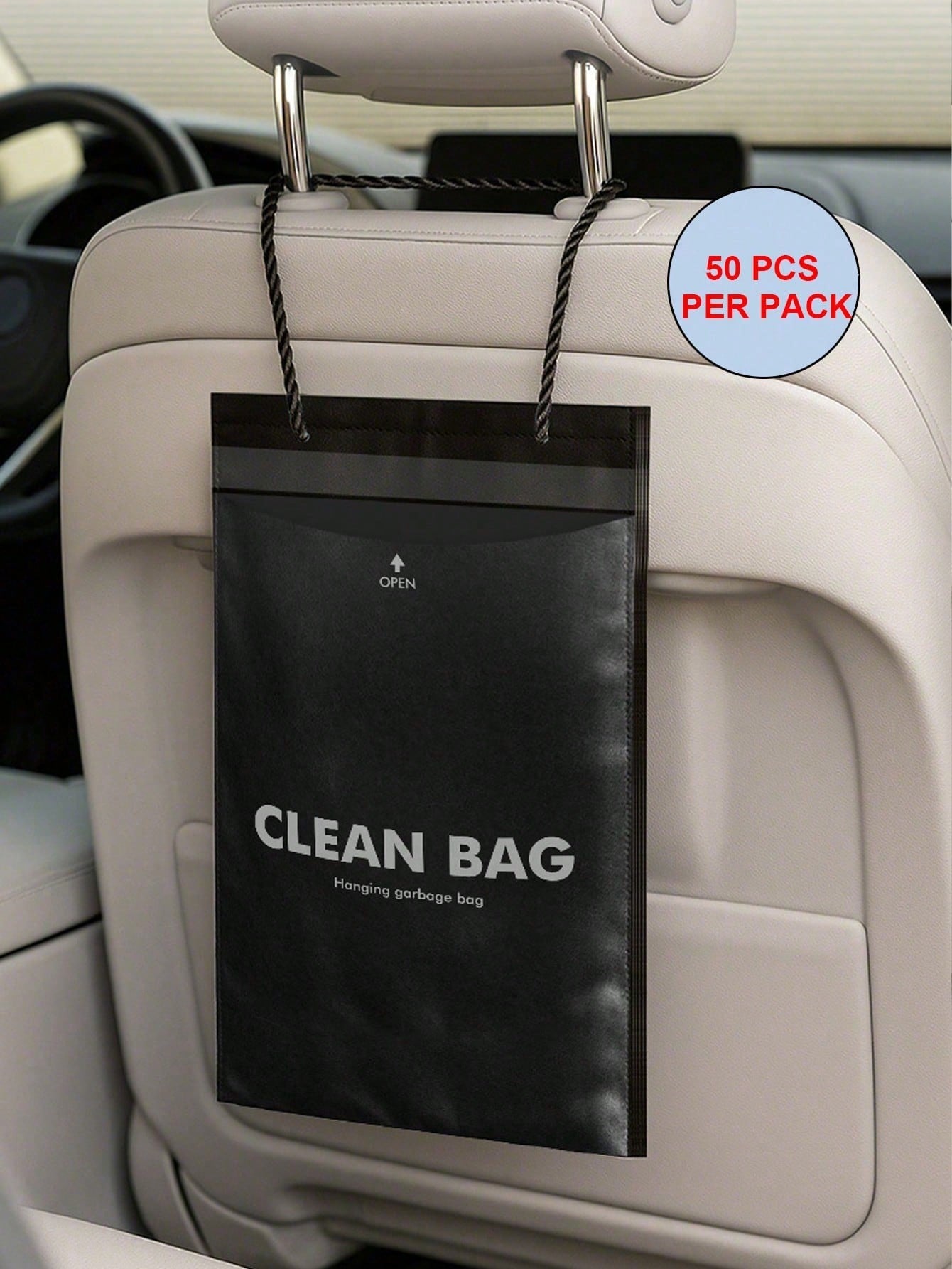 50pcs Thickened PE Trailer Trash Bags, With Long Rope For Hanging In Car, Home Or Office, Waterproof Tear-Resistant Large Capacity Storage Bags, Suitable For Waste And Daily Supplies, Black Cleaning B